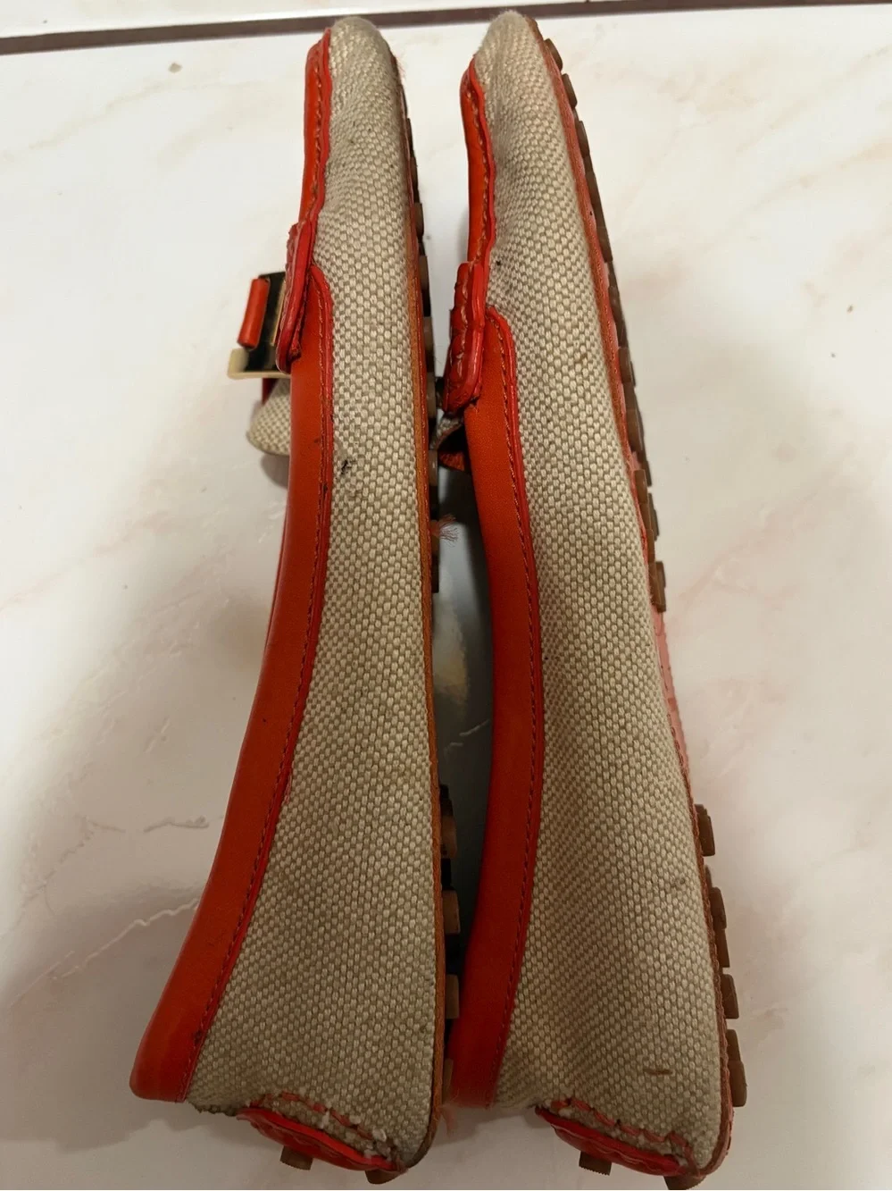 Tory Burch Beige Canvas & Orange Leather Slip-On Loafers
